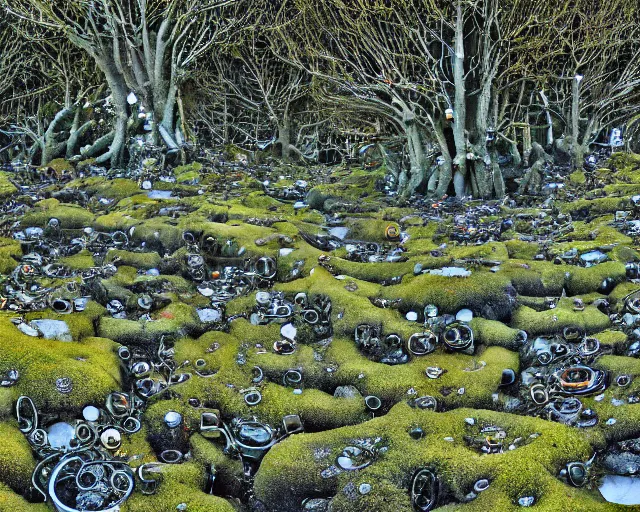 Image similar to panoramic view, superintelligent ecological matrix of moss and lichen dotted biomechanical trees growing on junkyard heaps of electronics and automobiles among puddles of glistening oil, artists bev doolittle and philippe caza, high contrast cinematic light, mystical shadows, sharp focus, octane render, three dimensional autostereogram optical illusion, repeating patterns