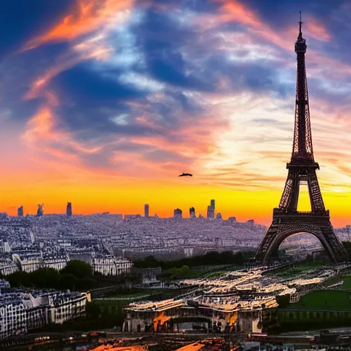 Image similar to dragon flying, eiffel tower, golden hour