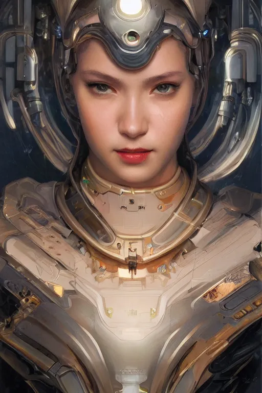 Image similar to Portrait of beautiful smiling Ultra realistic illustration, beautiful alluring female cyborg, cyberpunk, sci-fi, fantasy, intricate, elegant, highly detailed, digital painting, artstation, concept art, smooth, sharp focus, illustration, art by Yintion J , Jiang Geping and artgerm and greg rutkowski and alphonse mucha.