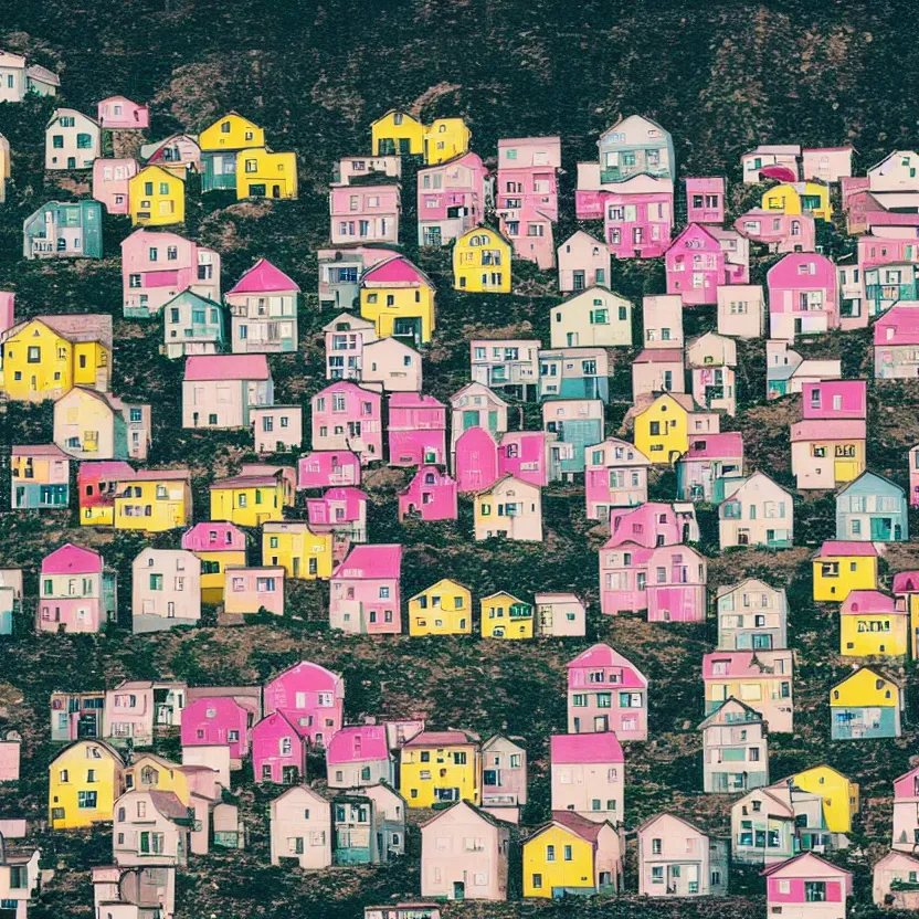 Image similar to little boxes on the hillside little boxes made of ticky tacky little boxes on the hillside little boxes all the same there's a pink one and a green one and a blue one and a yellow one, 3 5 mm photography