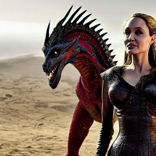 Image similar to angelina jolie as khaleesi riding a dragon