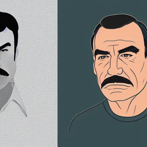 Prompt: tom selleck portrait illustrated by chris ware