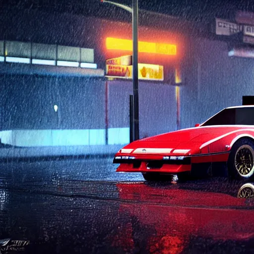 Image similar to hyperdetailed, photorealistic photograph of a 1 9 8 2 pontiac firebird trans - am drifting in the streets, rain, night, dense fog, hd, unreal engine 5 by greg rutowski, by stanley artgerm, by alphonse mucha