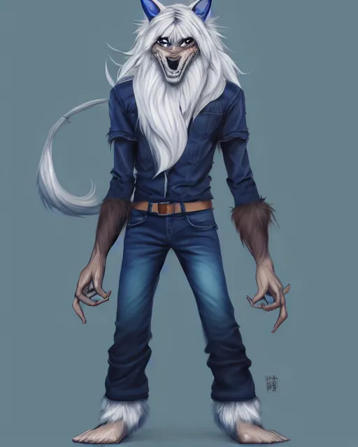 Image similar to character concept art, cute adult male anthropomorphic furry, cute fine face, darkblue werewolf, pants, pretty face, key visual, long human lightblue hair, realistic shaded furry face, fine details by stanley artgerm lau, wlop, rossdraws, james jean, andrei riabovitchev, marc simonetti, and sakimichan