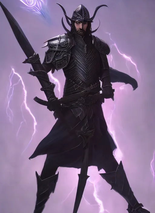 Image similar to Half-body portrait of an elven warrior with black hair and black facial hair in black armour holding a purple sword. In style of Hyung-tae Kim and Greg Rutkowski, concept art, trending on ArtStation, Korean MMORPG, over-detailed art, 4K, epic, dynamic lightning, dramatic pose.