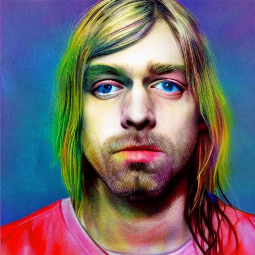 Image similar to colour masterpiece surreal closeup portrait photography of kurt cobain by miho hirano and annie leibovitz and michael cheval, pop art background, 8 k