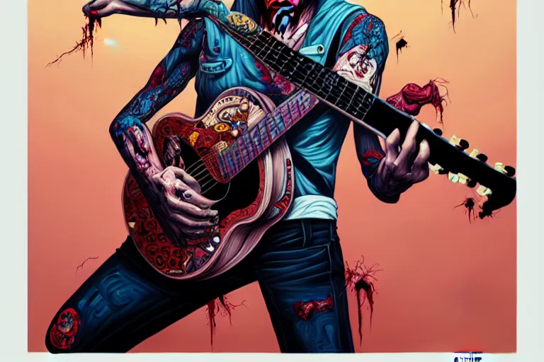 Image similar to zombie punk playing acoustic guitar, tristan eaton, victo ngai, artgerm, rhads, ross draws, intricated details, 3 / 4 view, full body portrait