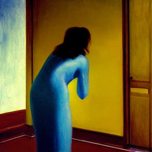 Image similar to close up of a girl in a blue and gold haunted liminal abandoned room, film still by edward hopper, by gottfried helnwein, by klimt, art noveau, highly detailed, strong lights, liminal, eerie, bright pastel colors,