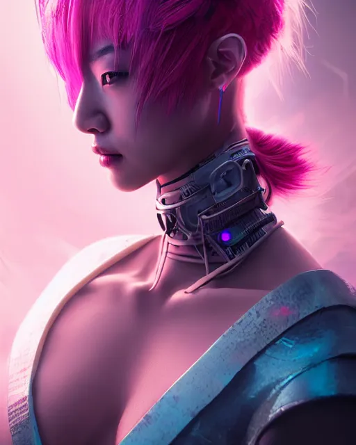 Image similar to portrait of a beautiful asian woman with pink hair as a cyberpunk cyborg half robot, sci - fi, missing panels, intricate abstract upper body intricate artwork, concept art, octane render, deviantart, cinematic, key art, hyperrealism, iridescent accents, portrait photograph, nikon 3 5 mm, photograph by greg rutkowski