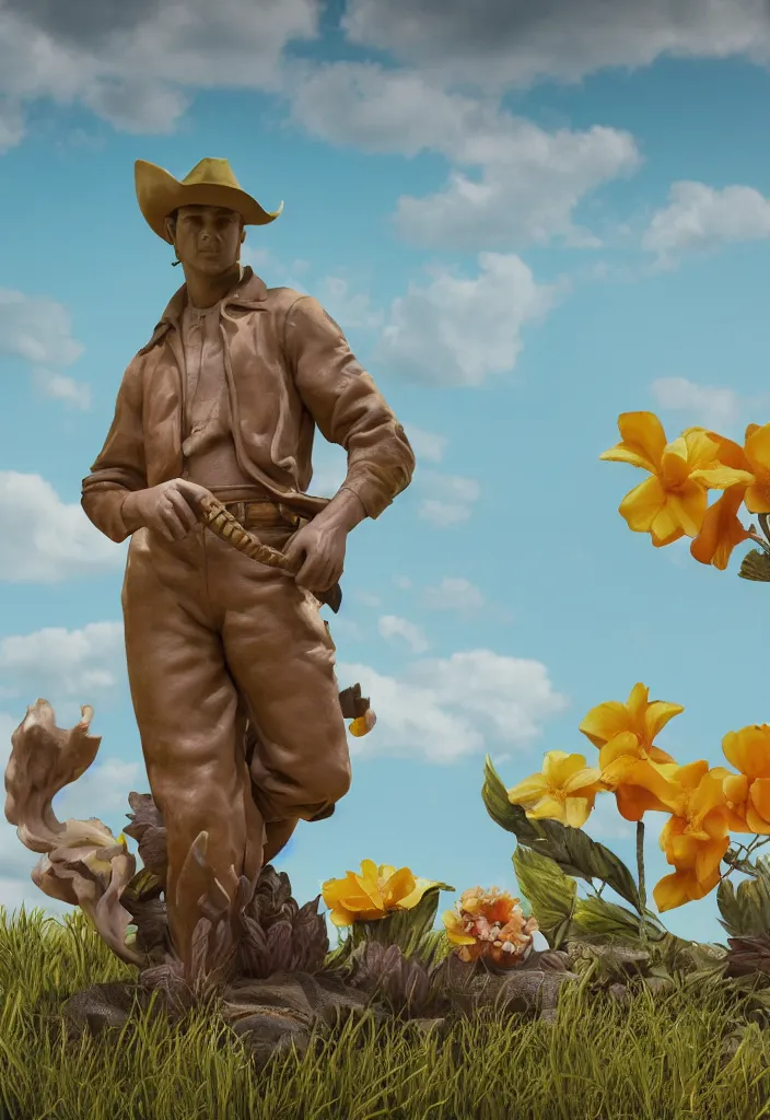 Image similar to A cowboy turning into blooms. tropical sea slugs, tractor tires. complementary colors. national geographic. 8k, rendered in octane, smooth gradients. sculpture by antonio canova