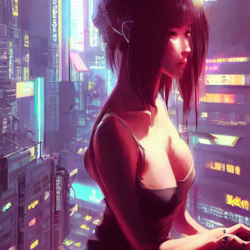 Image similar to ultra realistic beautiful cyberpunk kowloon techno art, beautiful alluring anime teen, art by wlop and artgerm and greg rutkowski, ilya kuvshinov, yoji shinkawa, intricate, elegant, sharp focus, illustration, highly detailed, concept art, matte, trending on artstation, anime, beautiful sunlight and shadows