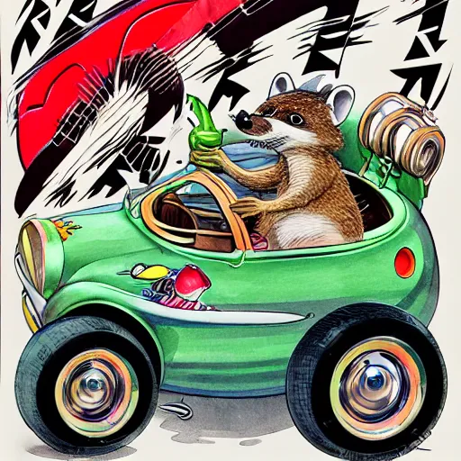 Image similar to ratfink style by ed roth, racoon riding in a tiny hot rod coupe with oversized engine, centered award winning watercolor pen illustration, by caroline choi, edited by range murata