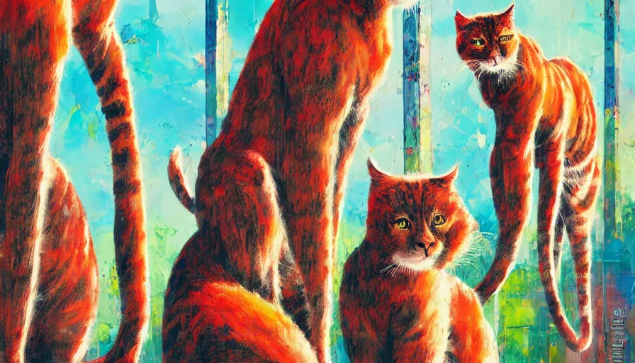 Image similar to contemporary semi abstract acrylic painting of really tall cats by cath kidson, by greg rutkowski, kessler art, thick brush strokes and visible paint layers, multicolor color scheme