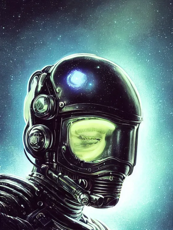 Image similar to portrait art of 8k ultra realistic retro futuristic undead astronaut, helmet visor open, glow around helmet, deep space , detailed intricate ornate armour,blade runner, cybernetic, full of colour, cinematic lighting, trending on artstation, 4k, hyperrealistic, focused, extreme details,unreal engine 5, cinematic, masterpiece, art by ayami kojima, giger