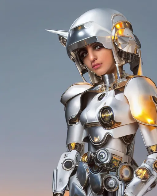 Image similar to centered medium shot fine studio photograph of a beautiful persian girl wearing only a mecha electronic Babylonia helmet with bright lights, ultra-realistic, white background, 8k HDR sunset lit, intricate