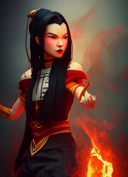 Image similar to azula from avatar the last airbender posing, flames, dark atmosphere, cinematic shot, intricate, ornate, photorealistic, ultra detailed, realistic, 1 0 0 mm, photography, octane, high definition, depth of field, realism, 8 k, artstation