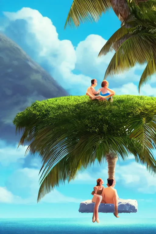 Prompt: conceptual art of one loving couple sitting on a cloud with palms, high in the sky above a paradisiac ocean, mattepainting concept pixar maya engine on stylized background global illumination lighting artstation in the style of MIYASAKI