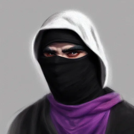 Image similar to ultra realistic illustration, man in a black hood, in a striped purple balaclava, mysterious, highly detailed, digital painting, artstation, concept art, smooth, sharp focus, illustration