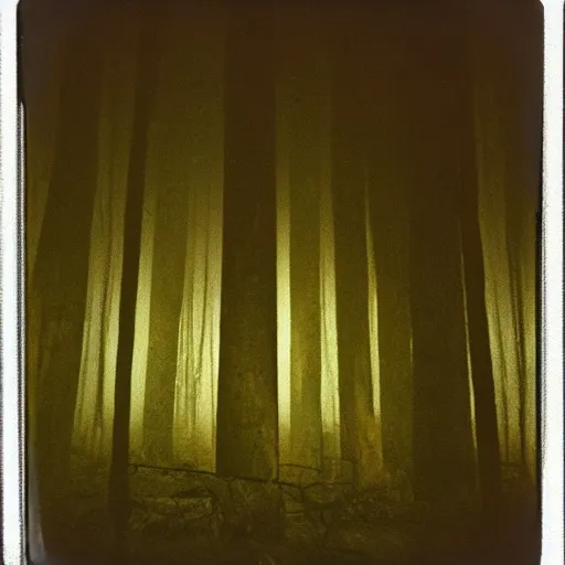 Image similar to concrete structure in a forest clearing at night, neon light, minimalistic architecture, dark, surreal, open space, james turrel, old polaroid, expired film,