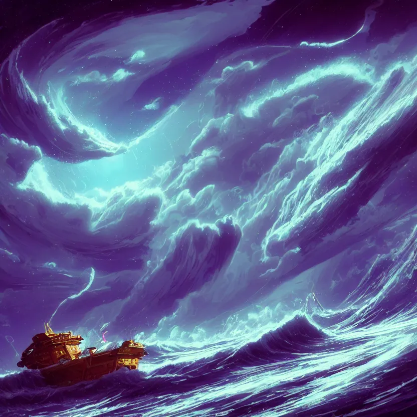 Image similar to treasure planet, ship on a stormy sea with huge waves, clouds, stars, rings, beautiful lighting, vivid colors, intricate, elegant, smooth, highly detailed digital painting, concept art, cinematic, unreal engine, wallpaper, by syd mead, terada katsuya, atey ghailan, svetlin velinov, makoto shinkai art style