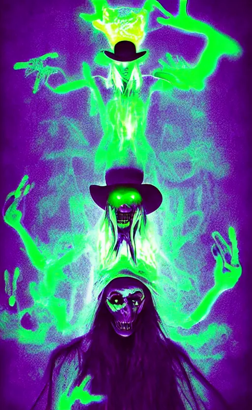 Prompt: spirit ghost grim hatter, psycho magick looks like witchcraft tarot photoluminescent but cant seem to confirm, liquid shadows engulf, cinematic lighting, psychedelic photoluminescent, various refining methods, micro macro autofocus, ceremonial magic, award winning photo, devianart craze, by michael komarck