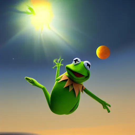 Prompt: Kermit the Frog flying straight into the Sun, Earth far behind him, hyperdetailed, artstation, cgsociety, 8k