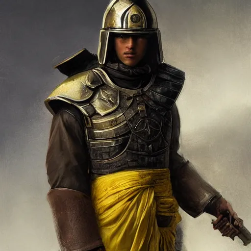 Prompt: Medium shot young idealistic and pious homely male Imperial soldier wearing a black tabard with light yellow accents over a brown gambeson and a {realistic steel helm!!!!!}, by Raymond Swanland Greg Rutkowski Lise Deharm, {perfect face}, {perfect eyes}, {uncertain look}, {on edge}