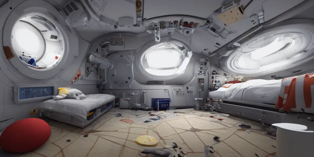 Prompt: Room of a spacecraft, with a bunk bed, warm tones, lights, gloom and lights, photo realistic, playing, CGI, Unreal Engine, Hdri