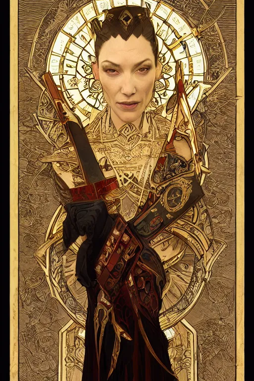 Image similar to tarot card, the emperor, armored woman, looks like cate blanchett, beautiful, medieval, super detailed, ornate, by alphonse mucha, artstation, greg rutkowski, symmetry, red, gold, white, black, 8 k