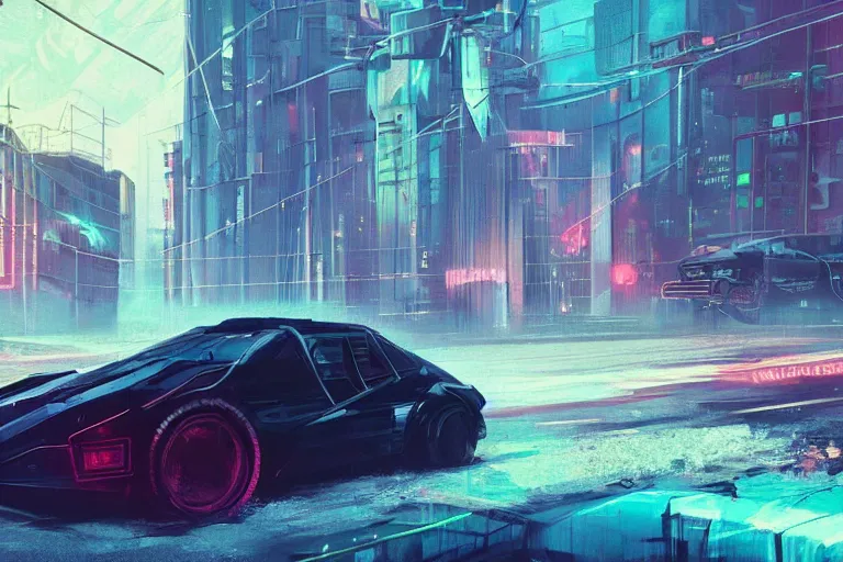 Image similar to cyberpunk synthwave an old soviet car in the soviet yard, intricate, elegant, concept art, smooth, sharp, focus, futuristic, cgsociety, in the style of artstation