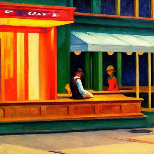 Prompt: night cafe by edward hopper, oil on canvas, hdr, high detail, photo realistic, intricate, five star ratin, hyperrealism, matte finish, high contrast, 3 d depth, centered, masterpiece, vivid and vibrant colors, enhanced light effect, enhanced eye detail, artstationhd