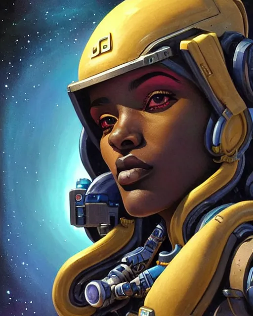 Image similar to sojourn from overwatch, african canadian, gray hair, character portrait, portrait, close up, concept art, intricate details, highly detailed, vintage sci - fi poster, retro future, vintage sci - fi art, in the style of chris foss, rodger dean, moebius, michael whelan, and gustave dore