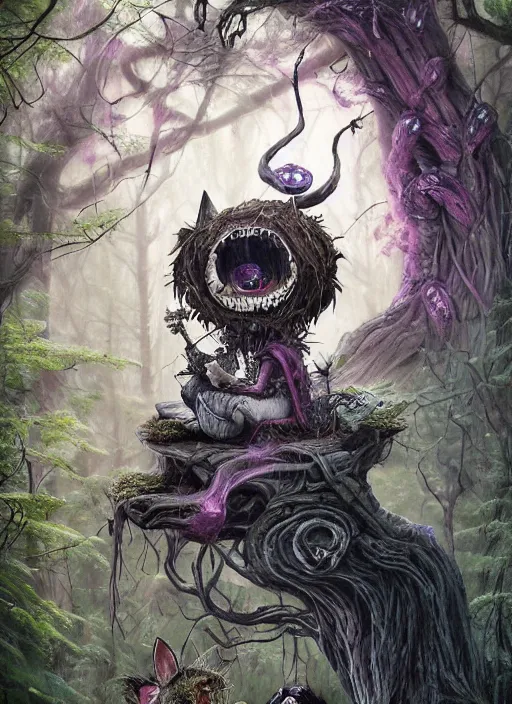 Prompt: Alice meets the Cheshire Cat in the forest, death tarot card,highly detailed,half skull face,cinematic,8k,by Stanley Artgermm,Tom Bagshaw,Greg Rutkowski,Carne Griffiths, Ayami Kojima, Beksinski, Giger,trending on DeviantArt,hyper detailed,horror, full of colour