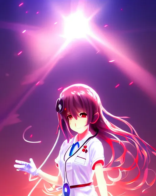 Image similar to anime style, vivid, expressive, full body, 4 k, painting, a cute magical girl with a long wavy black hair wearing a nurse outfit, stunning, realistic light and shadow effects, centered, simple background, studio ghibly makoto shinkai yuji yamaguchi