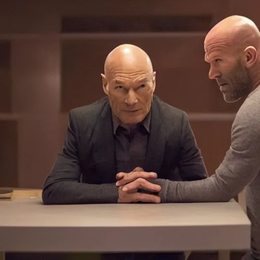 Prompt: film still, patrick stewart facing off against jason statham in a new netflix sci - fi action movie, wide shot