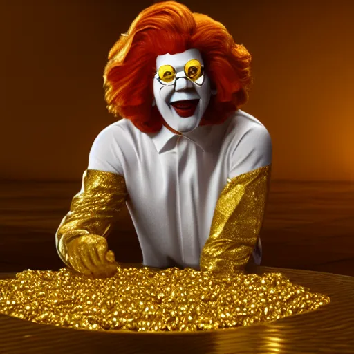 Image similar to A still of Ronald McDonald surrounded by gold and diamonds, Award-winning, photograph, 3d render, unreal engine, 4k detailed