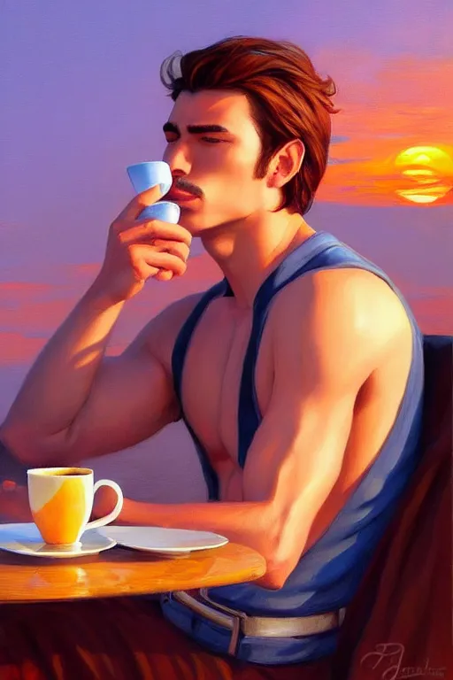 Prompt: attractive man drinking coffee, sunset, painting by jean giraud, vladimir volegov, ross tran, tom of finland, trending on artstation