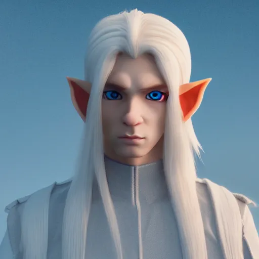 Image similar to a highly detailed male elf in full length, with white long hair, white clothes, bright blue eyes, artstation, DeviantArt, professional, octane render