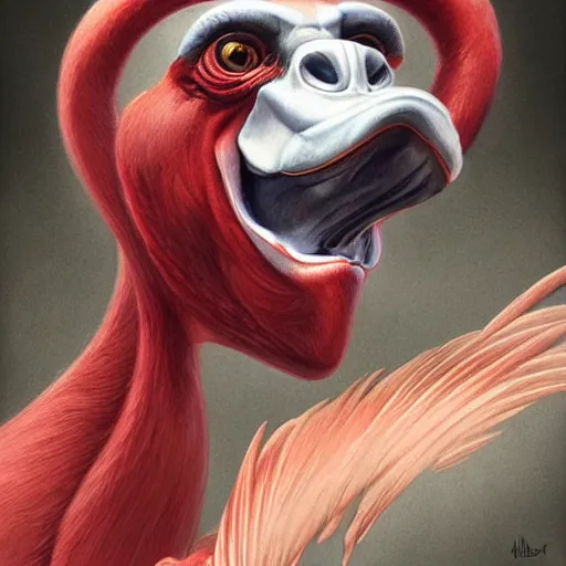 Image similar to Portrait of an anthropomorphic flamingo, Gorilla, Geko, Cat, highly detailed, digital painting, artstation, concept art, smooth, sharp focus, illustration by Artgerm and Greg Rutkowski and Tom Bagshaw