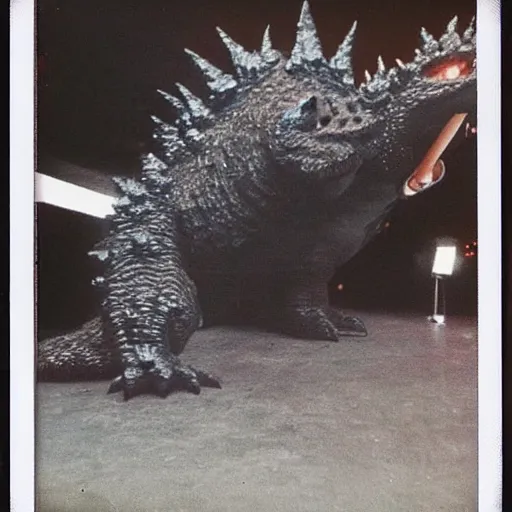 Prompt: polaroid photo of godzilla dancing in nightclub