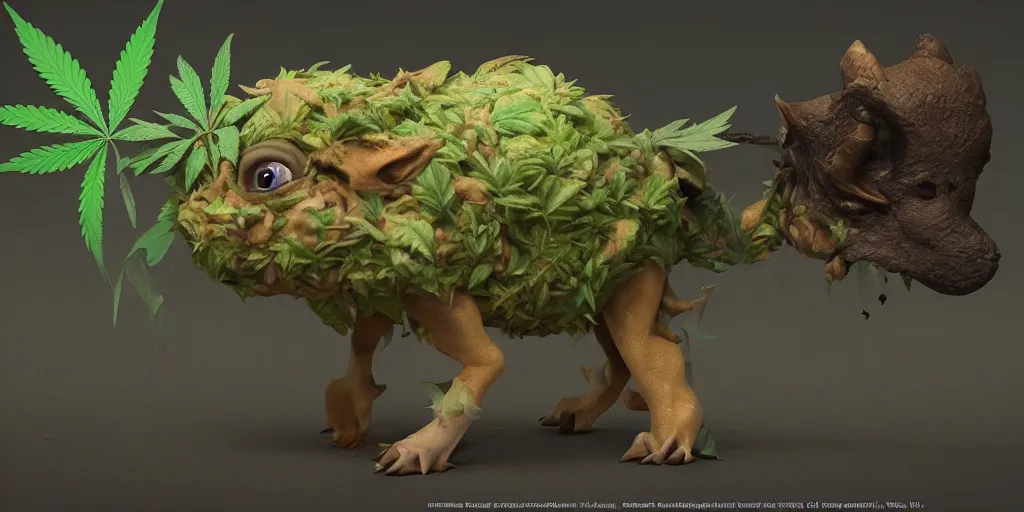 Image similar to a cute cannabis animal fauna creature pet by neville page, ken barthelmey, carlos huante and doug chiang, sharp focus, trending on artstation, hyper realism, octane render, 8 k, hyper detailed, ultra detailed, highly detailed, zbrush, concept art, creature design