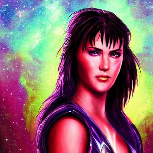 Image similar to portrait from xena the warrior princess, synthwave, universe background, nebula, galaxy, artstation