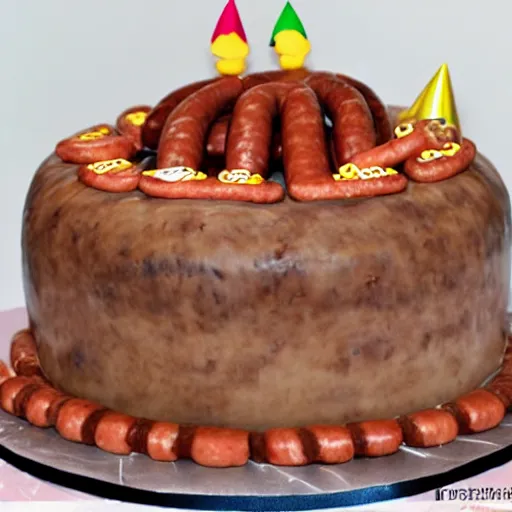 Prompt: birthday cake made entirely of sausages