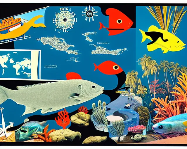 Image similar to footage of a theater stage, 1976 poster, cut out collage, film noir, break of dawn on Neptun, epic theater, tropical fish, nautical maps, NY style grafitti, in style of Ernst Haeckl, composition by Wed Anderson, written by Ernst Jandl, lens flare