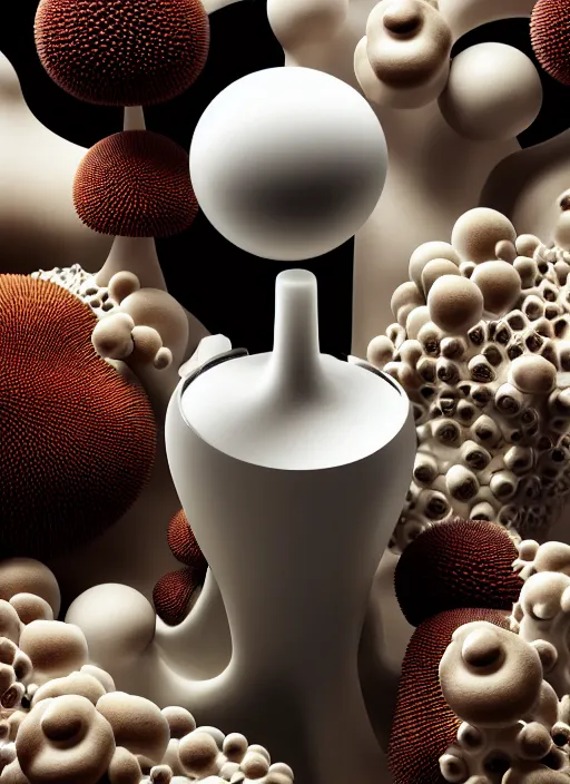 Prompt: perfume bottle surrounded sitting on a biomechanical black corals table made of corals, mushrooms, puffballs, rhizomorphs in an ivory room well contoured smooth fair walls, up close shot, sharp focus, global illumination, radiant light, alexandre ferra white mecha, irakli nadar, octane highly render, 4 k, ultra hd,