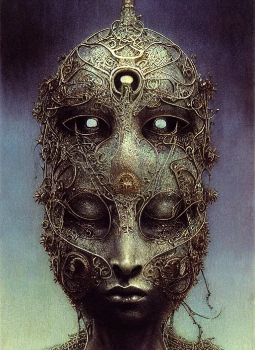 Image similar to girl in detailed ornamental mask by Beksinski and Luis Royo