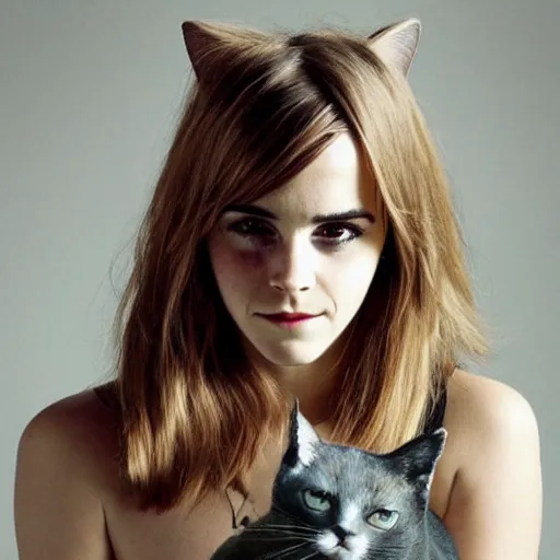 Prompt: portrait photograph of emma watson as a cat