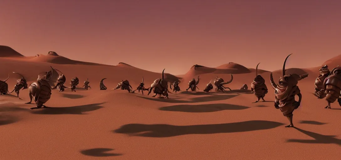 Prompt: pixar style sandworm fighting fremen warriors on arrakis, still of disney's dune ( 2 0 2 1 ), 3 d animation, cinematic, volumetric lighting