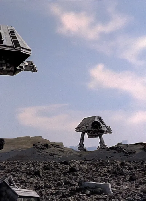 Prompt: screenshot of a wide shot looking up at a star wars AT-ST on a trash planet, from the 1970s film by Stanley Kubrick, brutal, iconic scene, stunning cinematography, hyper-detailed, sharp, anamorphic lenses, kodak color, 4k, stunning