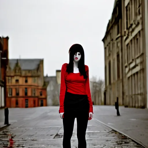 Image similar to a pale emo girl, messy black and red hair, waist length, british street background, flickr, 2 0 0 6